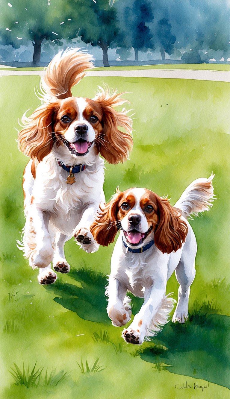 Two dogs, one Cavalier King Charles Spaniel and one English Cocker Spaniel, playing and running in a grassy park