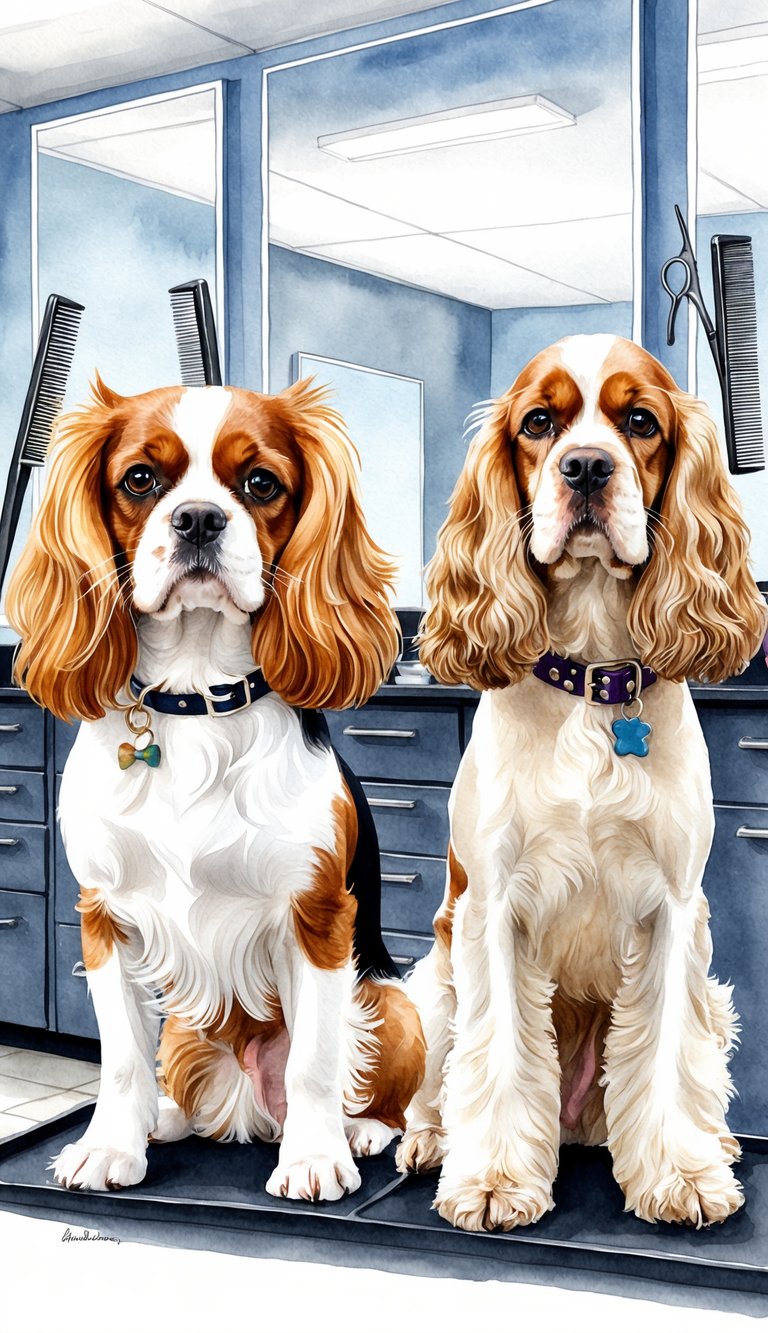A Cavalier King Charles Spaniel and an English Cocker Spaniel being groomed side by side in a professional salon setting