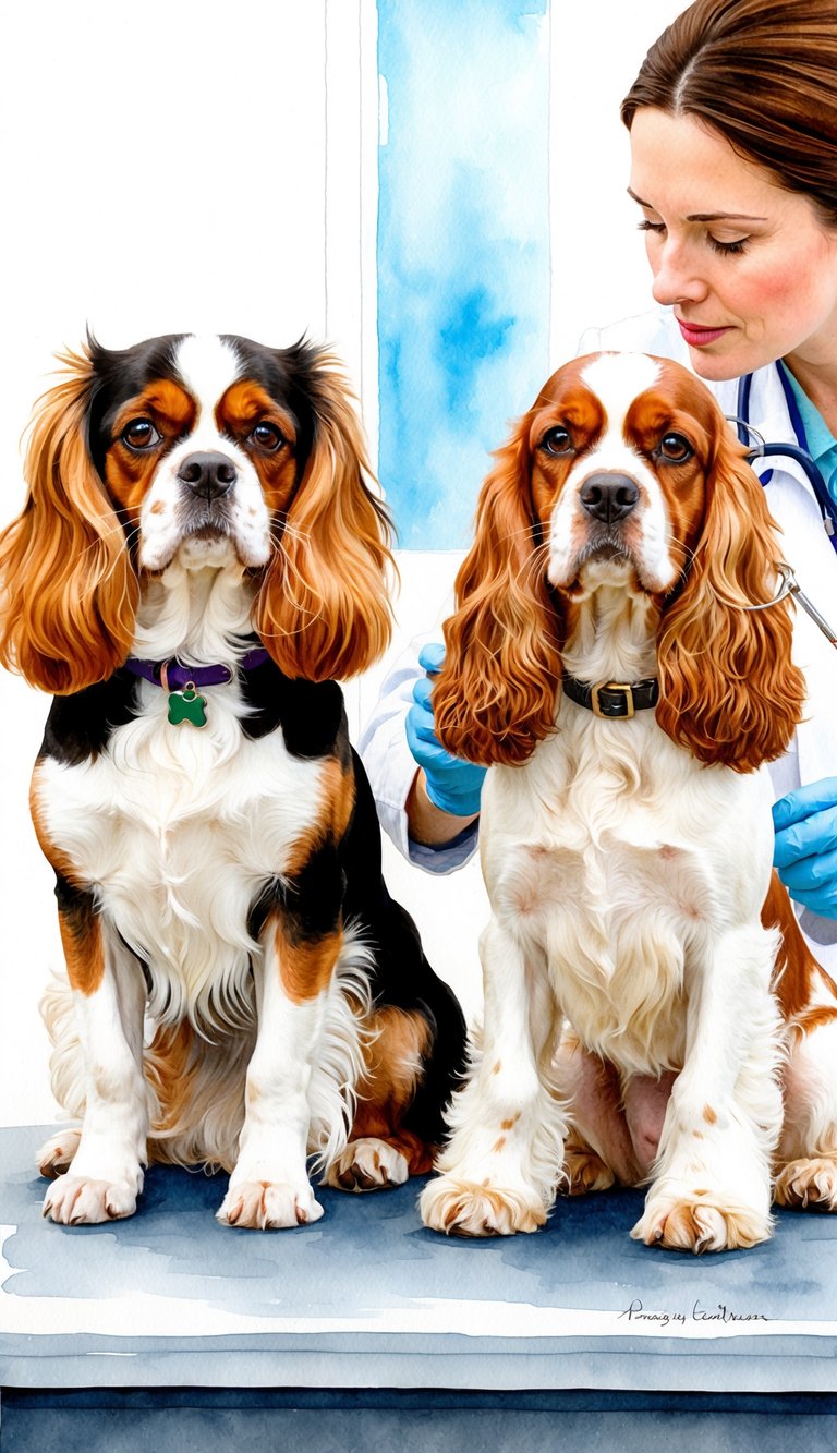 Two dogs, one Cavalier King Charles Spaniel and one English Cocker Spaniel, sitting side by side with a veterinarian examining them