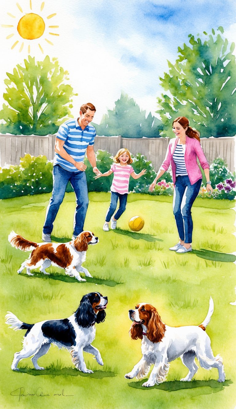 A sunny backyard with a family playing fetch with a Cavalier King Charles Spaniel and an English Cocker Spaniel