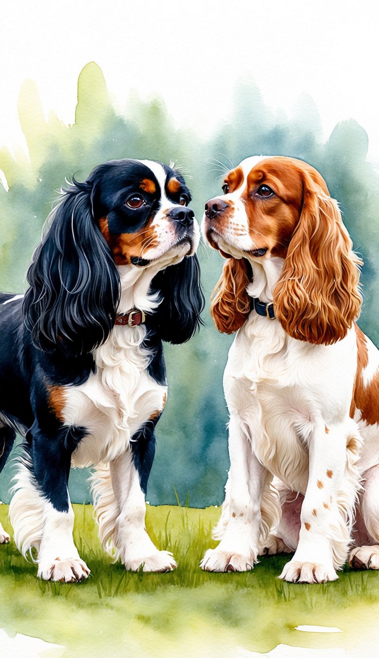 Two dogs, one Cavalier King Charles Spaniel and one English Cocker Spaniel, standing side by side, facing each other with curious expressions