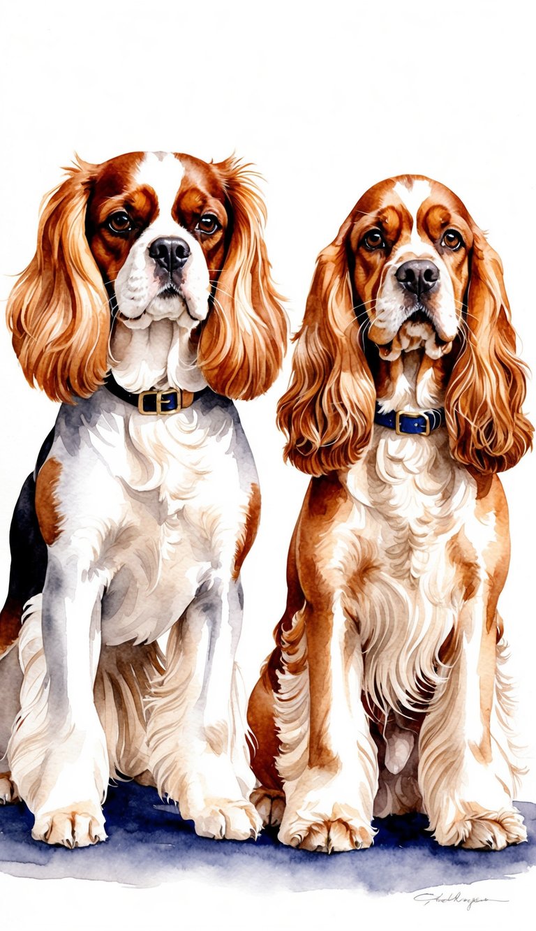 Two elegant spaniels stand side by side, showcasing their distinct features and personalities. The Cavalier King Charles Spaniel exudes grace and poise, while the English Cocker Spaniel exudes energy and alertness