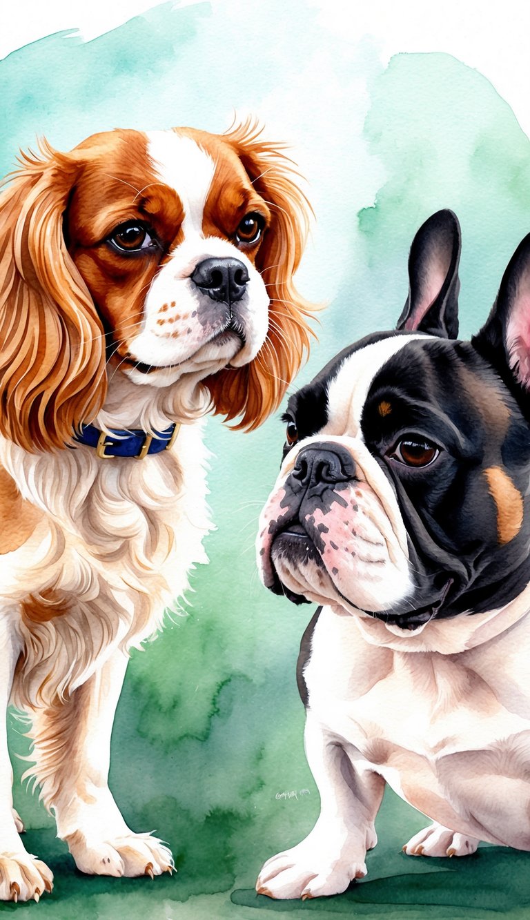 A Cavalier King Charles Spaniel and a French Bulldog face off, displaying their distinct physical features and personalities