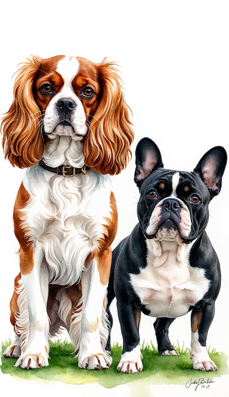 A Cavalier King Charles Spaniel and a French Bulldog stand side by side, representing their respective breed origins and histories
