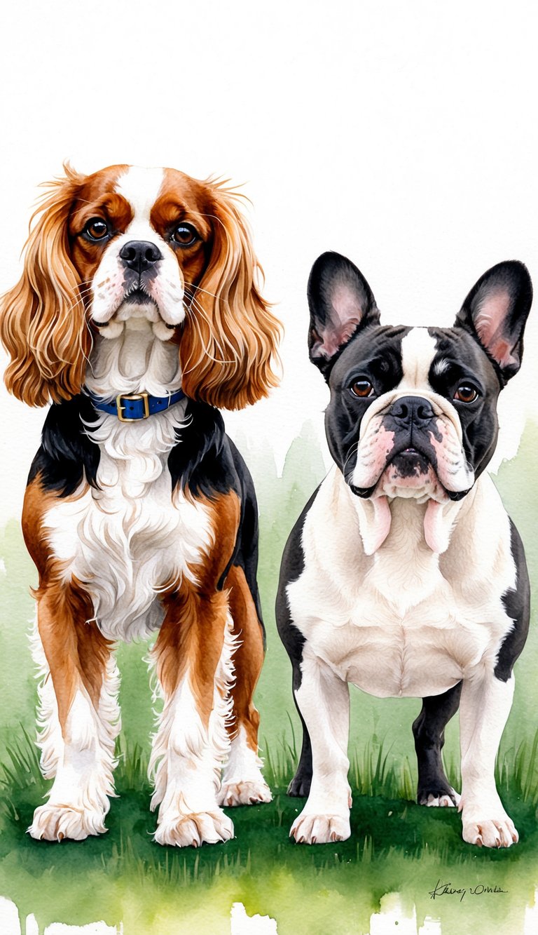 A Cavalier King Charles Spaniel and a French Bulldog stand side by side, showcasing their distinct physical features