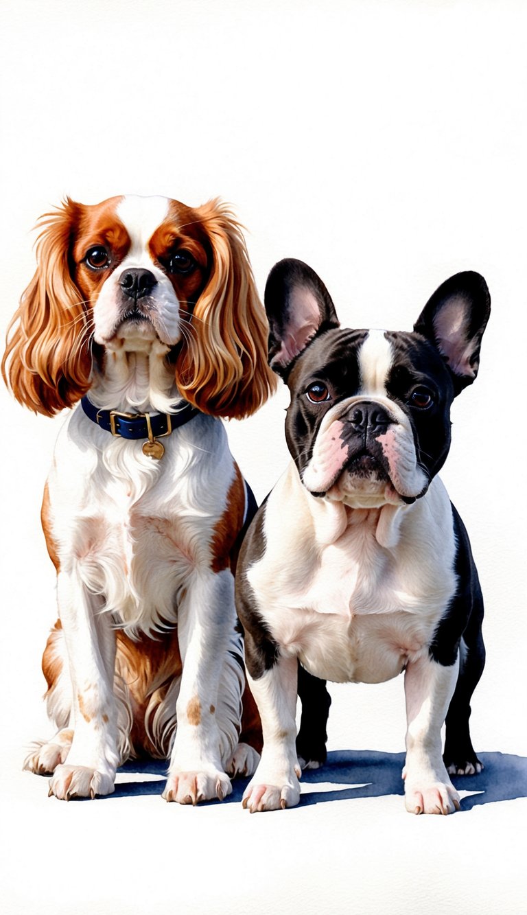 A Cavalier King Charles Spaniel and a French Bulldog stand side by side, showcasing their distinct breed characteristics