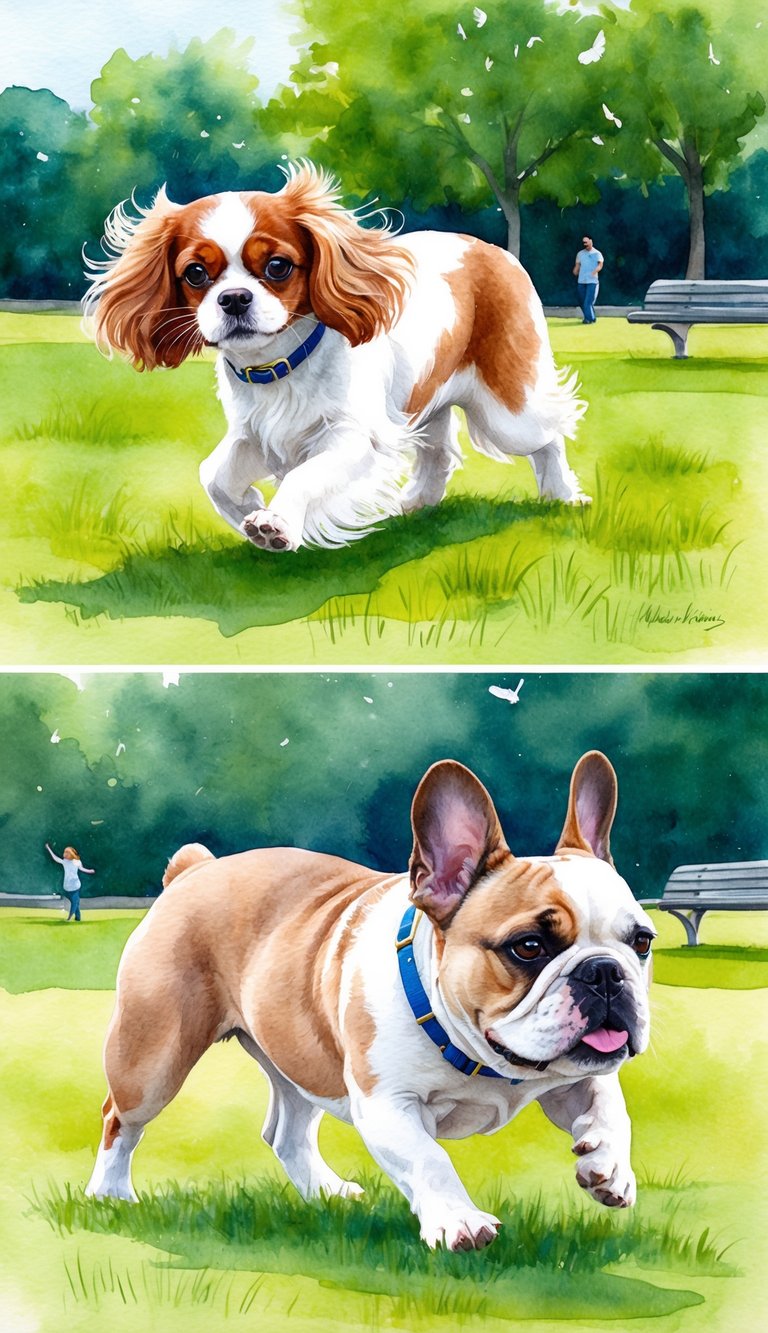 A Cavalier King Charles Spaniel and a French Bulldog playing in a park, showcasing their different exercise and activity needs