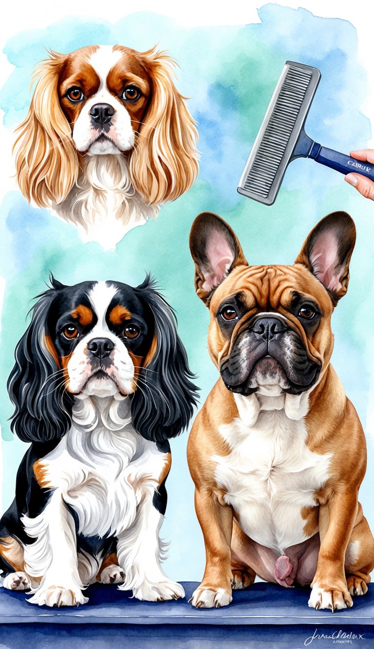 A Cavalier King Charles Spaniel and a French Bulldog being groomed and maintained side by side