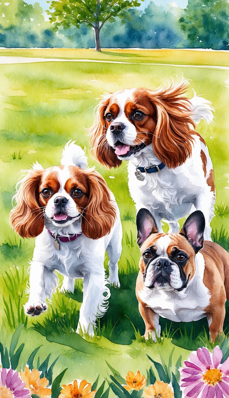 A Cavalier King Charles Spaniel and a French Bulldog playing in a sunny park, surrounded by green grass and colorful flowers