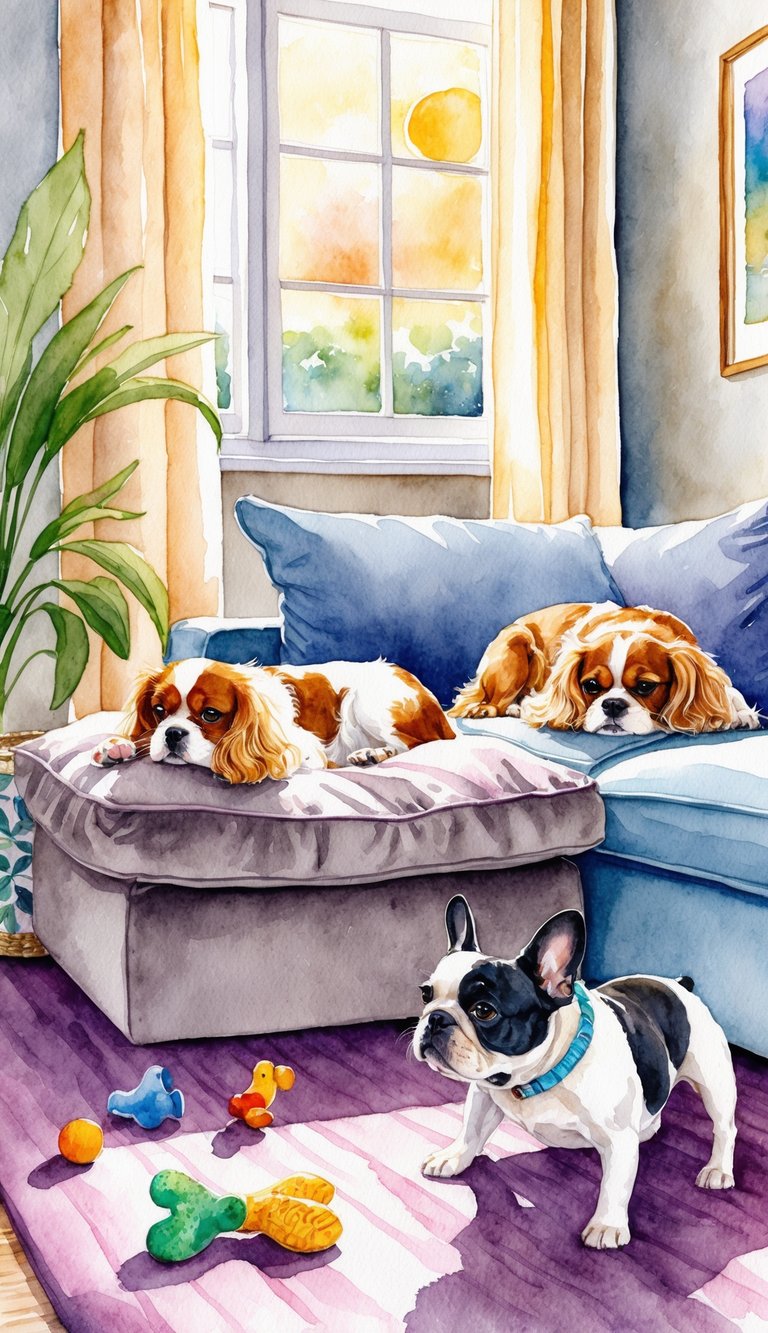 A cozy living room with a plush dog bed, toys scattered on the floor, and a sunlit window. A Cavalier King Charles Spaniel relaxes on the bed while a French Bulldog plays with a toy