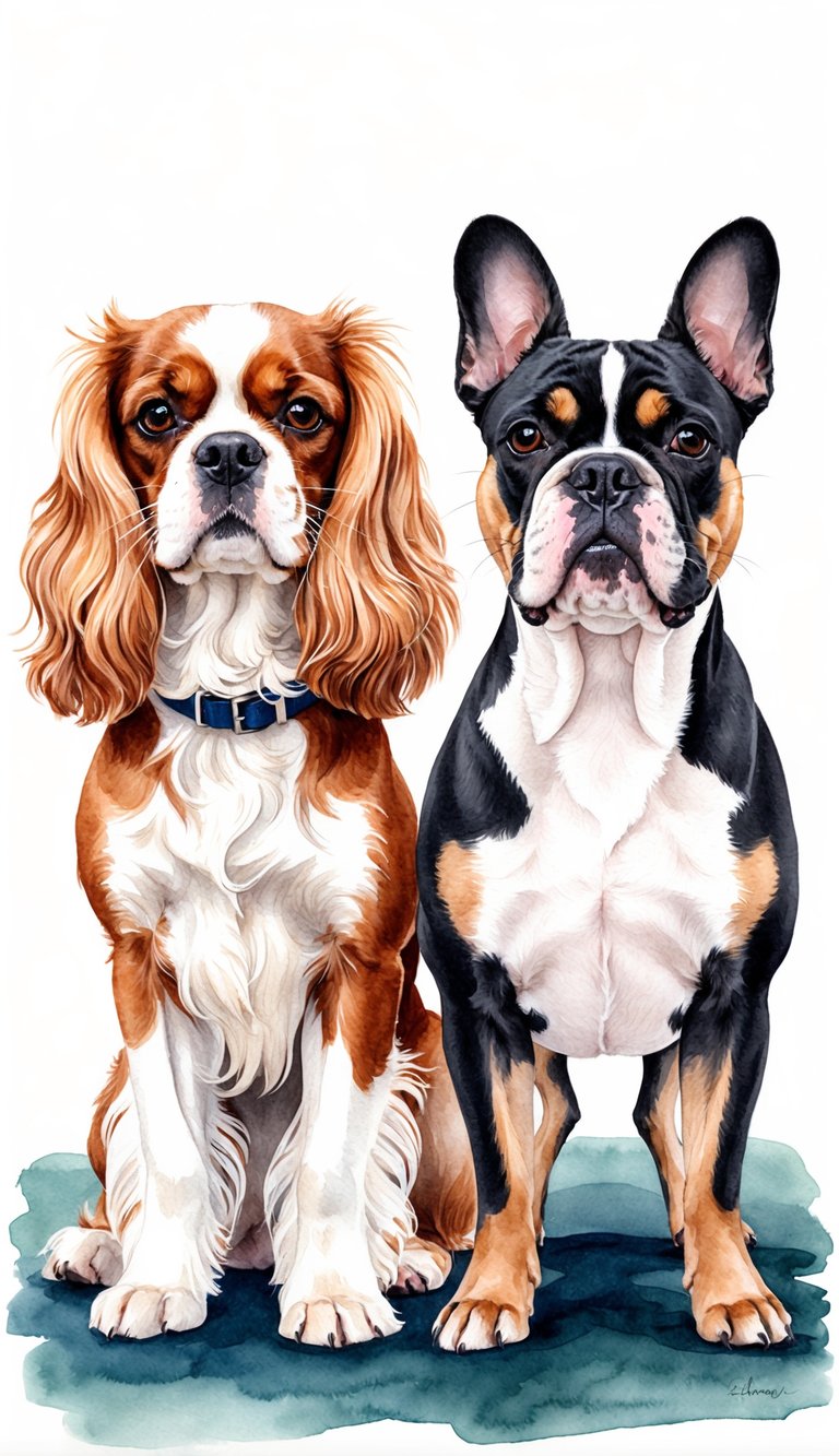 A Cavalier King Charles Spaniel and a French Bulldog stand side by side, showcasing their distinct physical features and personalities