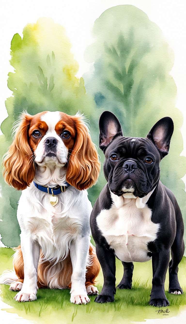 A Cavalier King Charles Spaniel and a French Bulldog stand side by side, showcasing their distinct features and personalities
