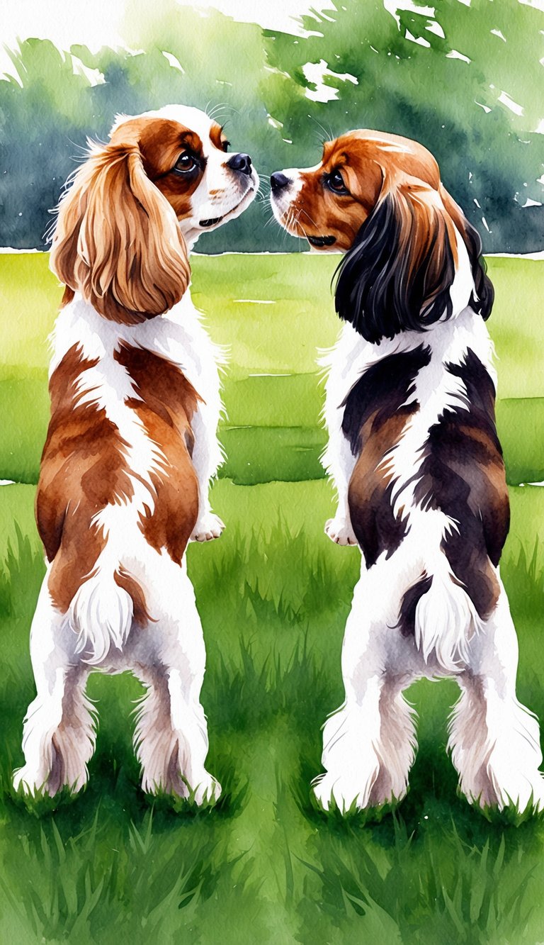 Two small dogs, one Cavalier King Charles Spaniel and one Havanese, standing side by side facing each other in a grassy park