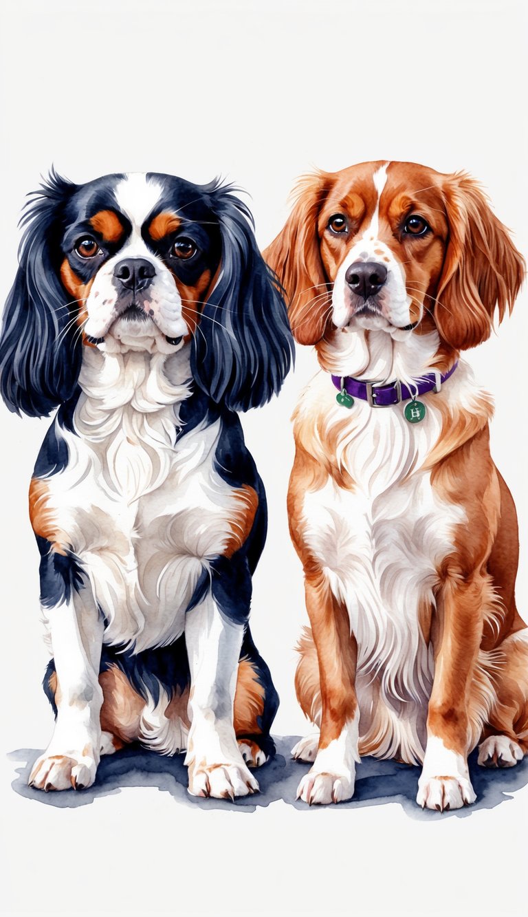 Two small dogs, one Cavalier King Charles Spaniel and one Havanese, stand side by side, showcasing their distinct physical characteristics