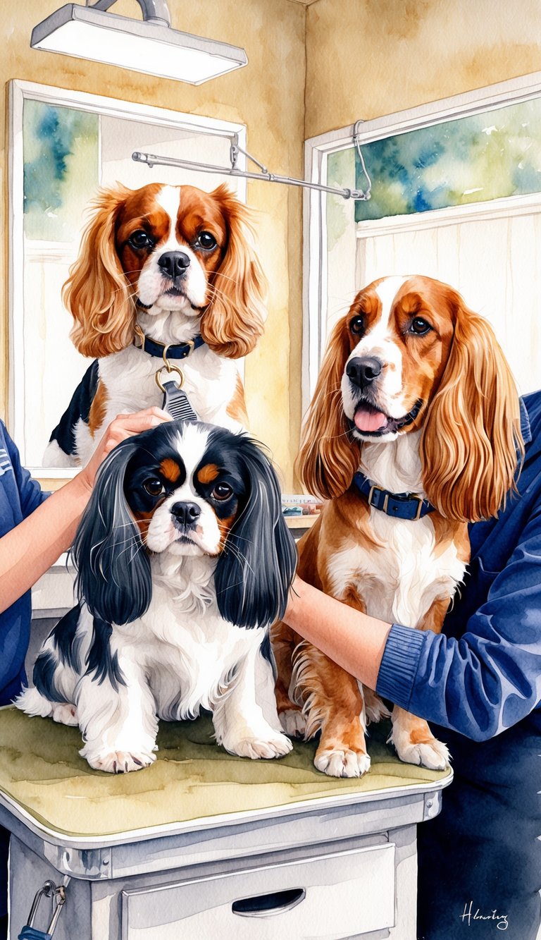 A Cavalier King Charles Spaniel and a Havanese being groomed and brushed by their owners in a cozy, well-lit grooming area