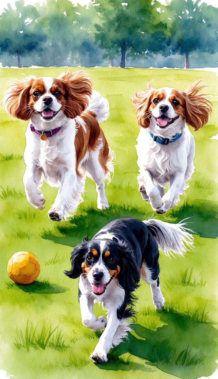 A Cavalier King Charles Spaniel and a Havanese playing in a grassy park, chasing after a ball and running around happily