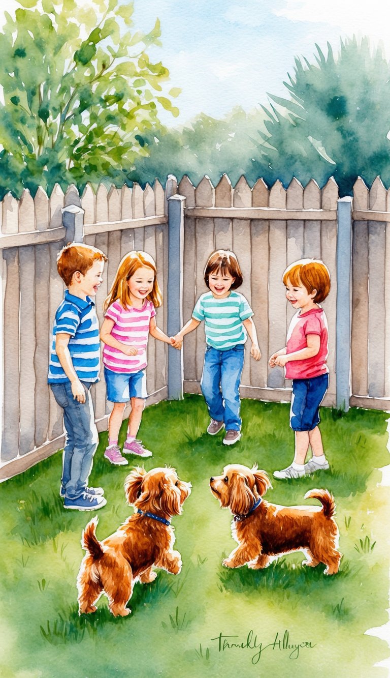 Two small dogs playing with a group of children in a fenced backyard, showing friendly interaction and compatibility with pets and kids