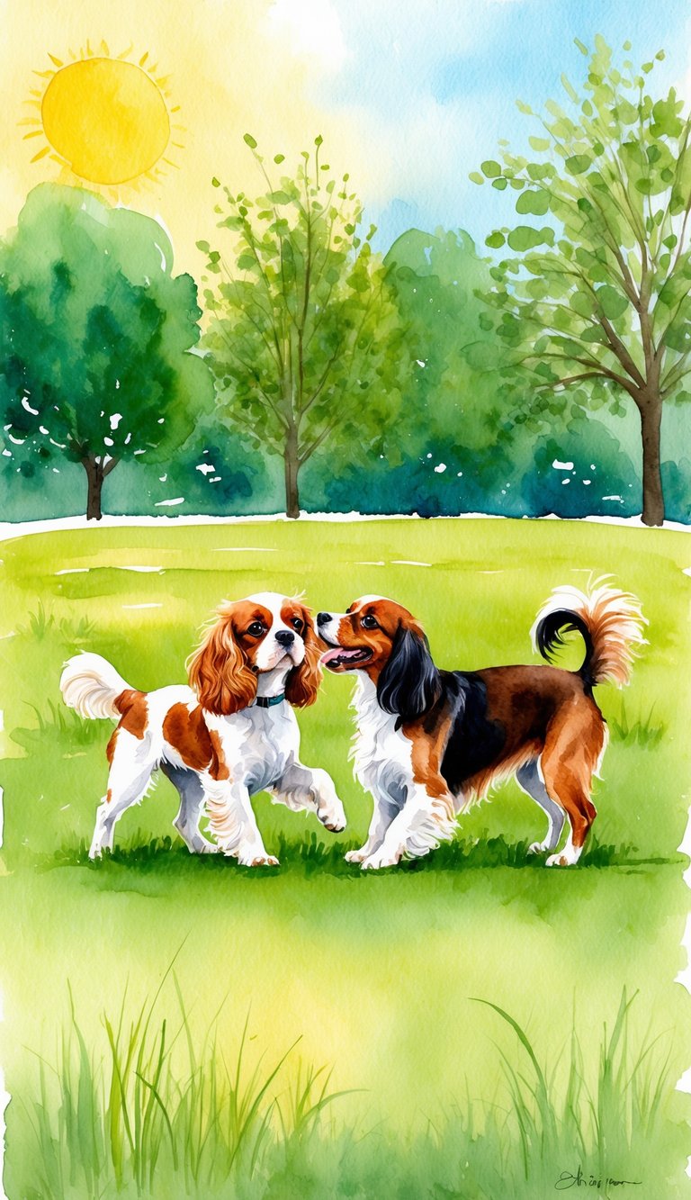 A sunny park with a grassy field, where a Cavalier King Charles Spaniel and a Havanese playfully interact with each other