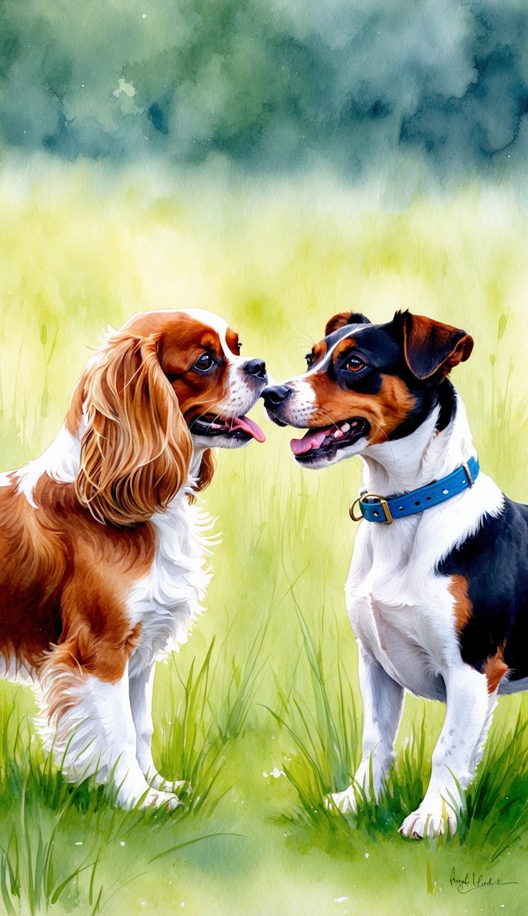 Two playful dogs, a Cavalier King Charles Spaniel and a Jack Russell Terrier, facing each other with alert expressions in a grassy field