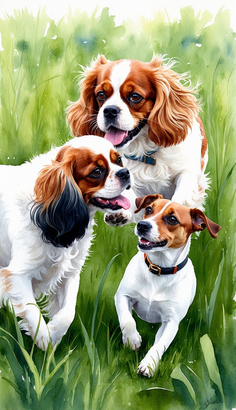A Cavalier King Charles Spaniel and a Jack Russell Terrier playfully interact in a lush, green field, showcasing their distinct breed characteristics