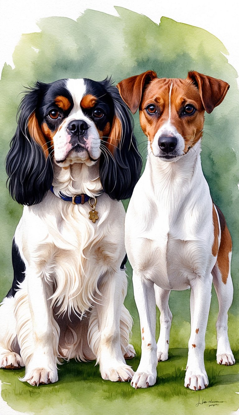 A Cavalier King Charles Spaniel and a Jack Russell Terrier stand side by side, showcasing their distinct physical characteristics