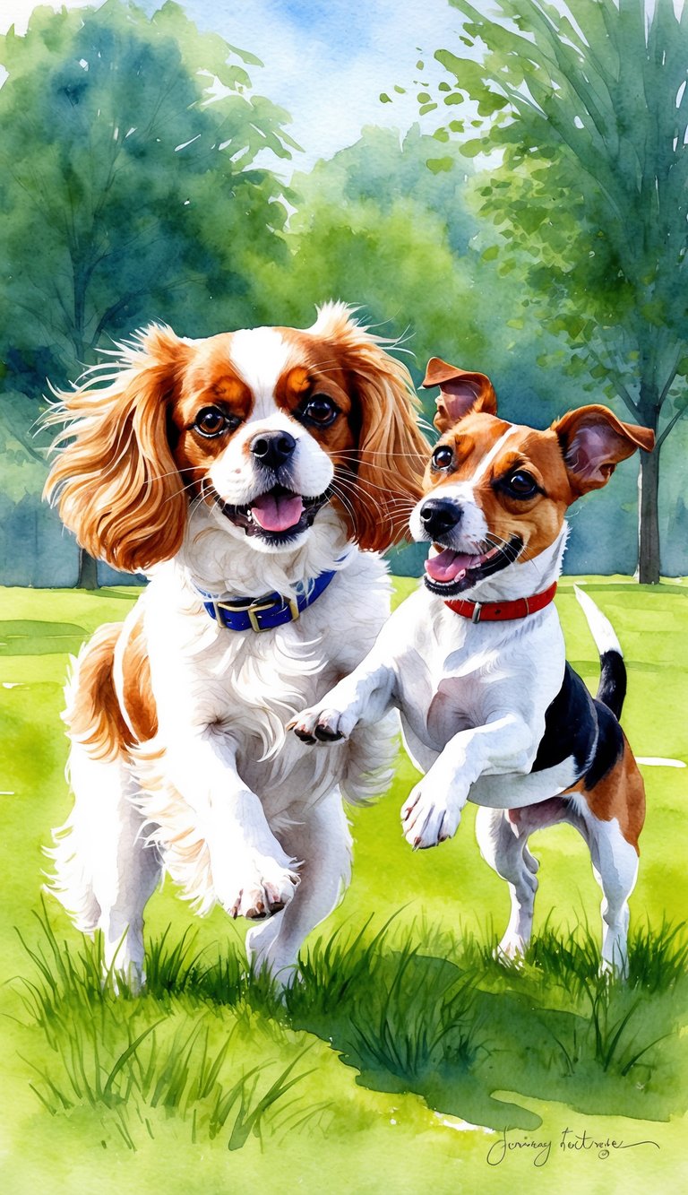 A lively Cavalier King Charles Spaniel and a spirited Jack Russell Terrier playfully interact in a grassy park setting