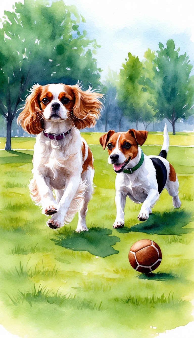 A Cavalier King Charles Spaniel and a Jack Russell Terrier playing fetch in a grassy park. The Spaniel is gracefully running while the Terrier is agile and energetic