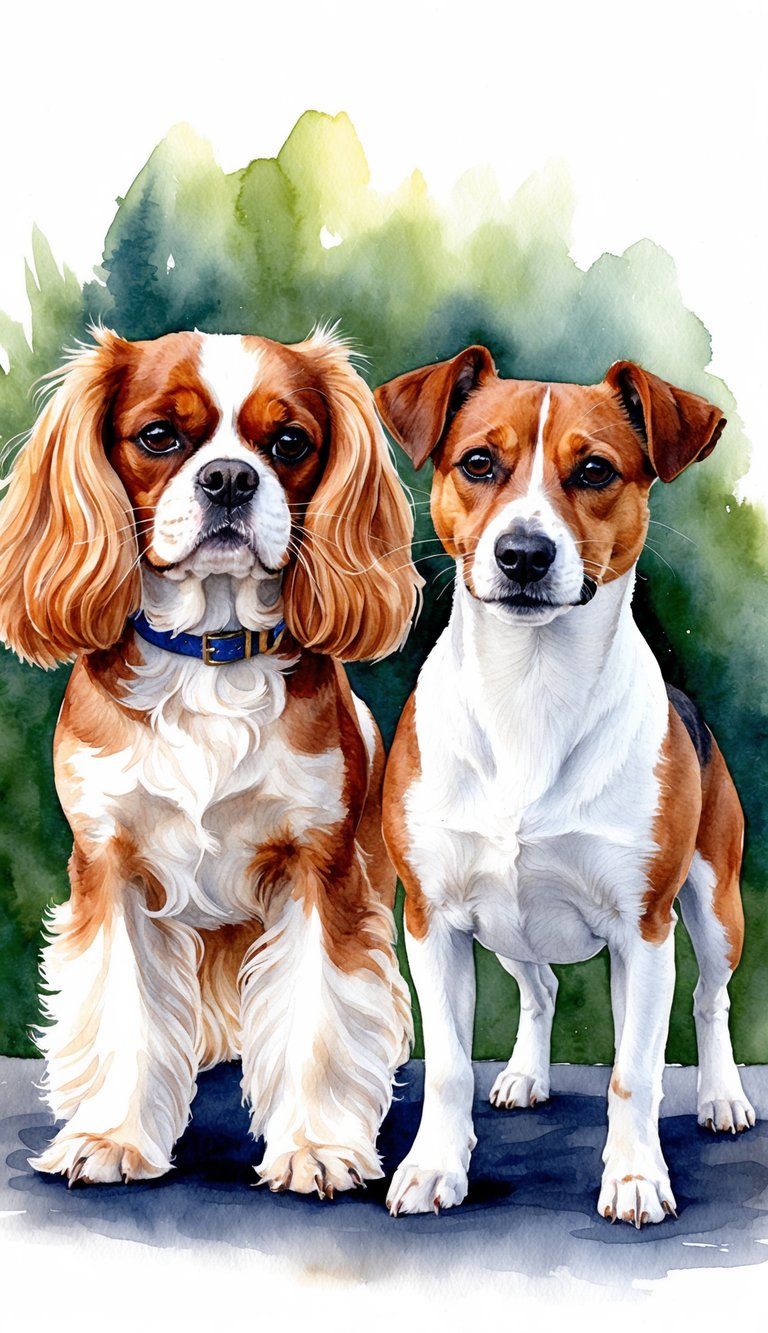 Two dogs, a Cavalier King Charles Spaniel and a Jack Russell Terrier, stand side by side, each displaying their unique traits of grace and energy