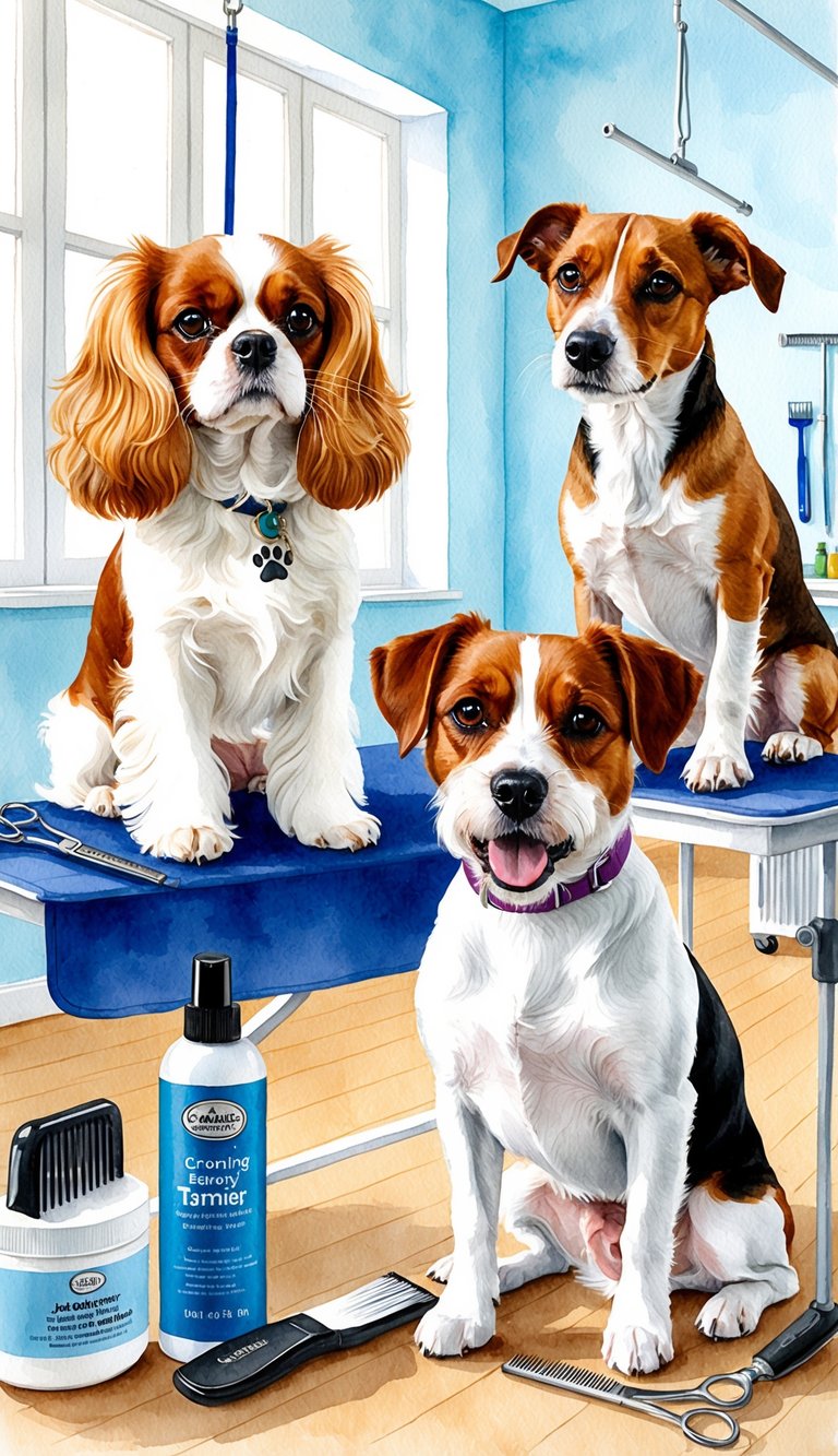 A Cavalier King Charles Spaniel and a Jack Russell Terrier being groomed and cared for in a bright, spacious room with grooming tools and pet care products nearby