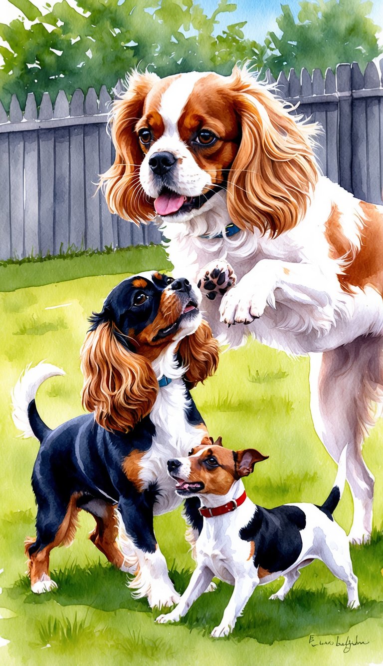 A Cavalier King Charles Spaniel and a Jack Russell Terrier playfully interact in a sunny backyard, showcasing their different sizes and coat colors