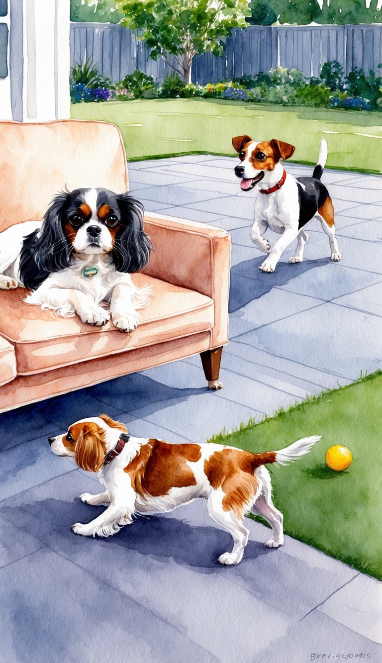 A Cavalier King Charles Spaniel lounges on a cozy couch, while a Jack Russell Terrier eagerly plays fetch in a spacious backyard