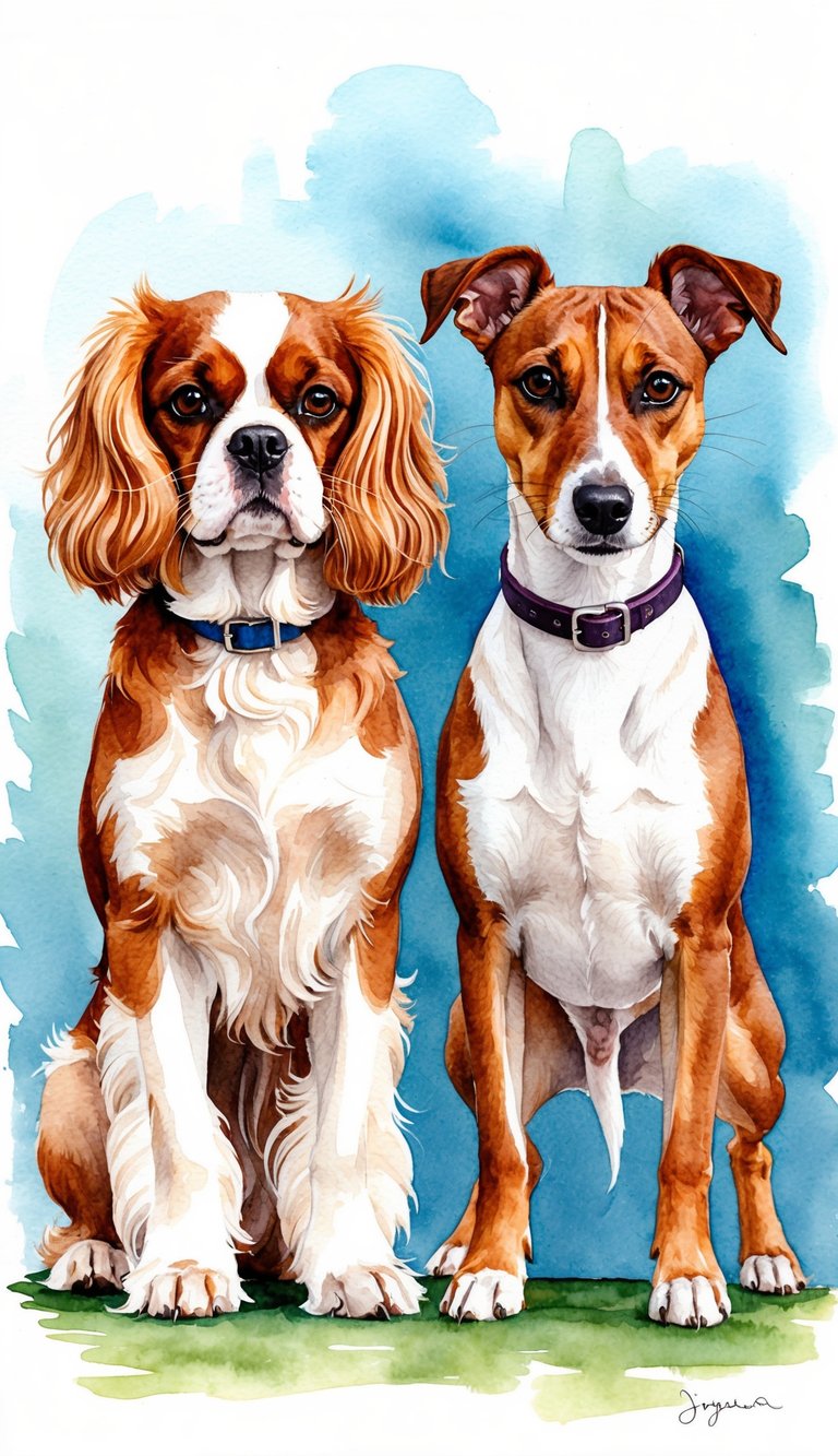 Two dogs, a Cavalier King Charles Spaniel and a Jack Russell Terrier, stand side by side, showcasing their different sizes, coat colors, and facial features
