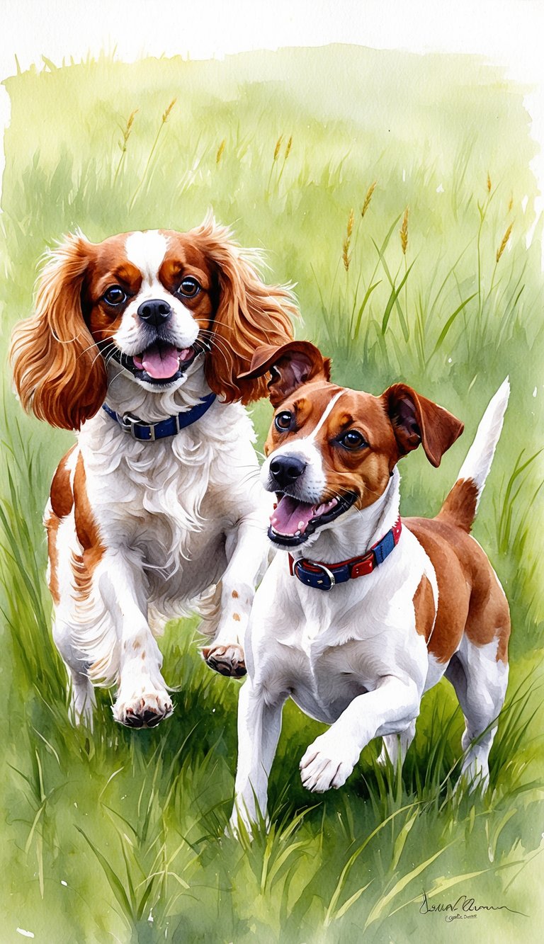 A lively Cavalier King Charles Spaniel and a spirited Jack Russell Terrier playfully interact in a grassy field, showcasing their distinct physical features and personalities