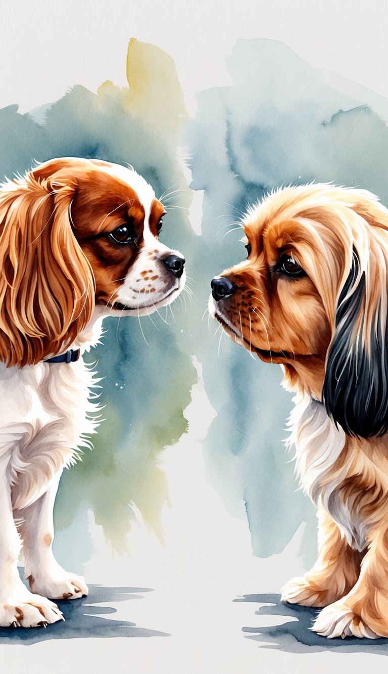 Two small dogs face off, one a Cavalier King Charles Spaniel, the other a Lhasa Apso. Tension is palpable as they stare each other down