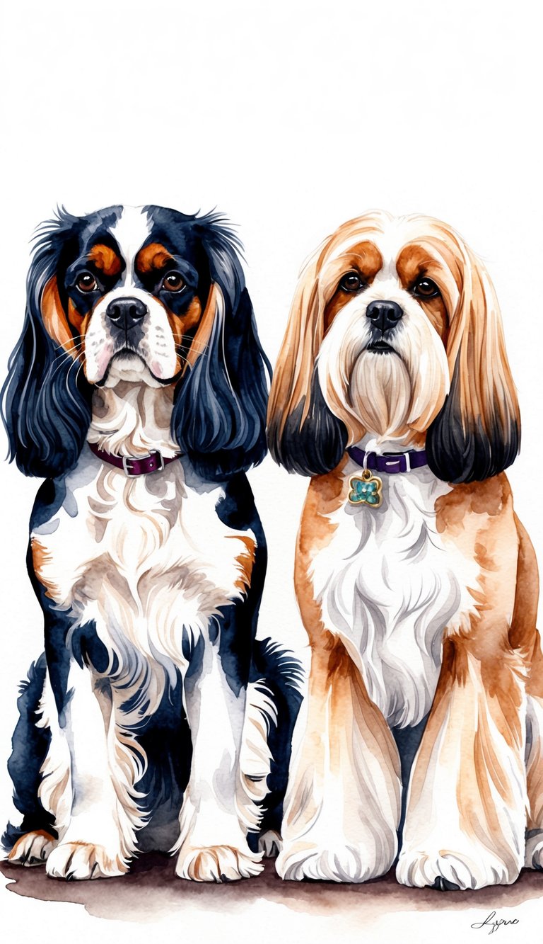 Two elegant dogs, the Cavalier King Charles Spaniel and the Lhasa Apso, standing side by side with regal expressions, showcasing their distinct breed characteristics