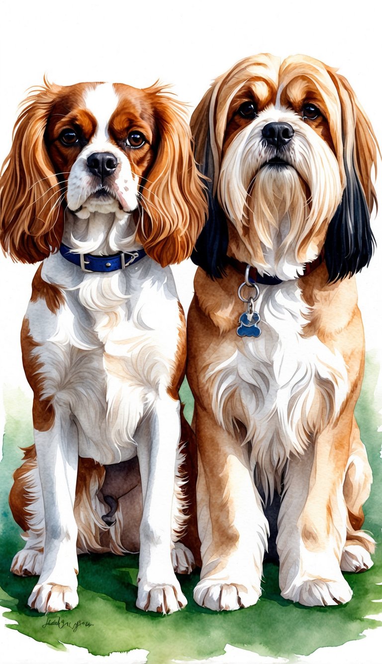 A Cavalier King Charles Spaniel and a Lhasa Apso standing side by side, showcasing their distinct physical features and breed characteristics