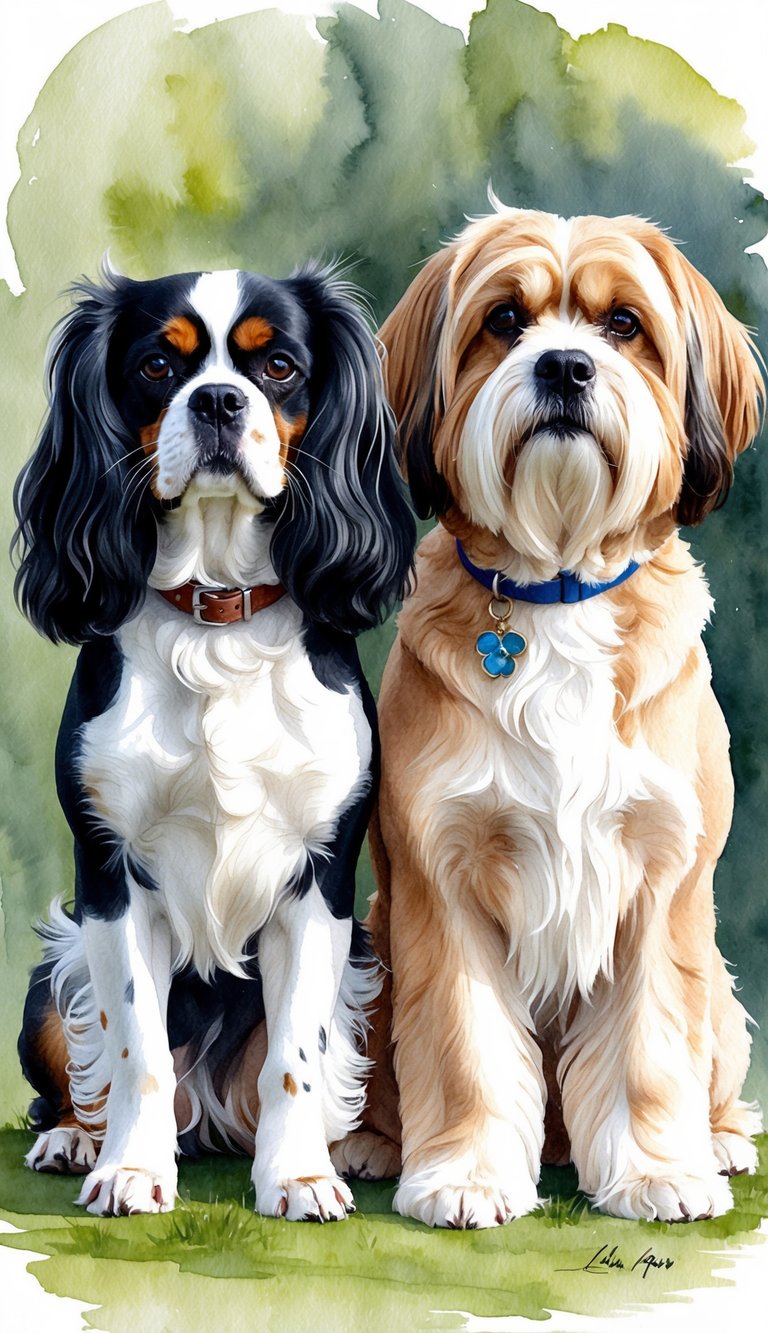 A Cavalier King Charles Spaniel and a Lhasa Apso stand side by side, showcasing their distinct temperaments and personalities through their body language and expressions