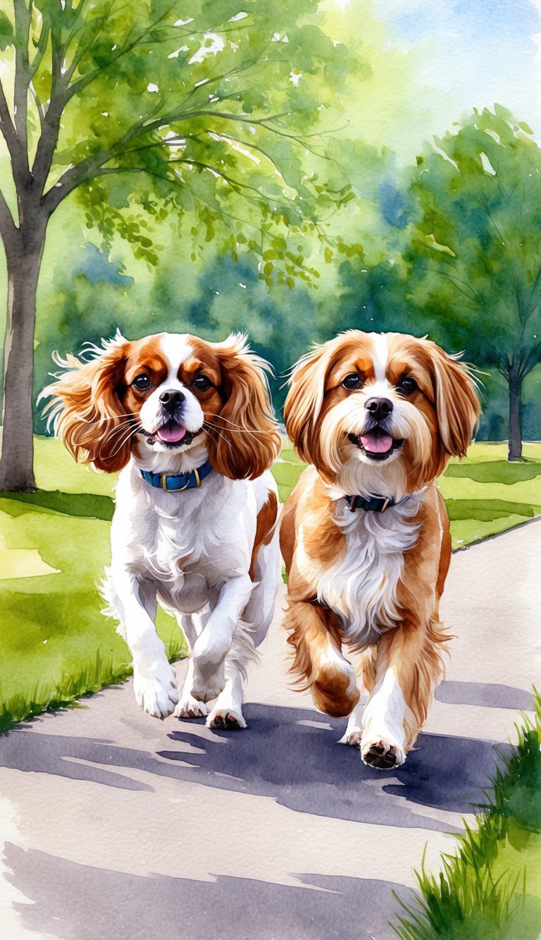 Two dogs running side by side, one Cavalier King Charles Spaniel and one Lhasa Apso, in a park with trees and green grass