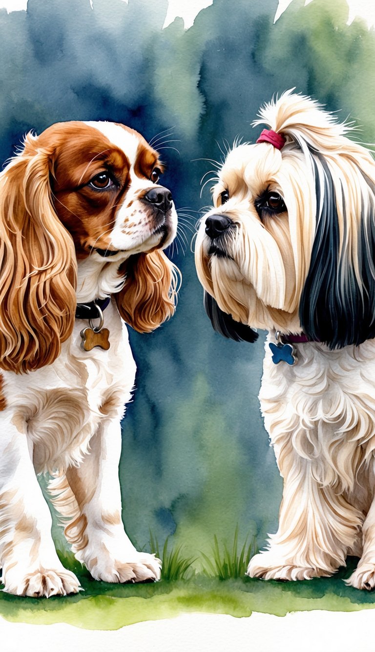 A Cavalier King Charles Spaniel and a Lhasa Apso face each other, showcasing their intelligence and training in a playful yet focused manner