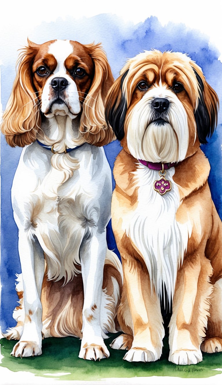 A Cavalier King Charles Spaniel and Lhasa Apso stand side by side, showcasing their distinct features and sizes. The Cavalier exudes elegance while the Lhasa Apso exudes confidence