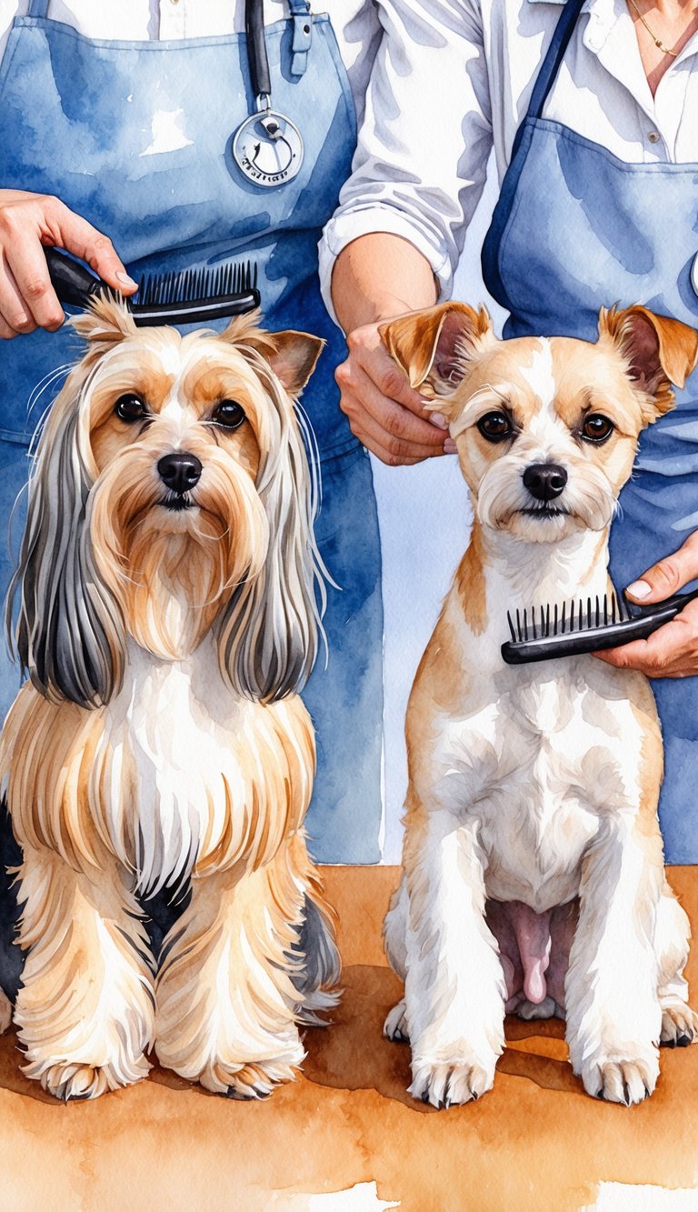 Two small dogs being groomed side by side, one with long, flowing fur and the other with a shorter, silky coat. Each dog is being brushed and combed by a handler