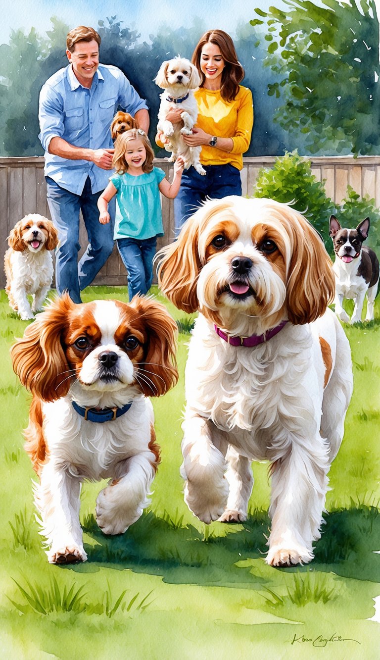 Two small dogs, a Cavalier King Charles Spaniel and a Lhasa Apso, playing together in a backyard with a family and other pets