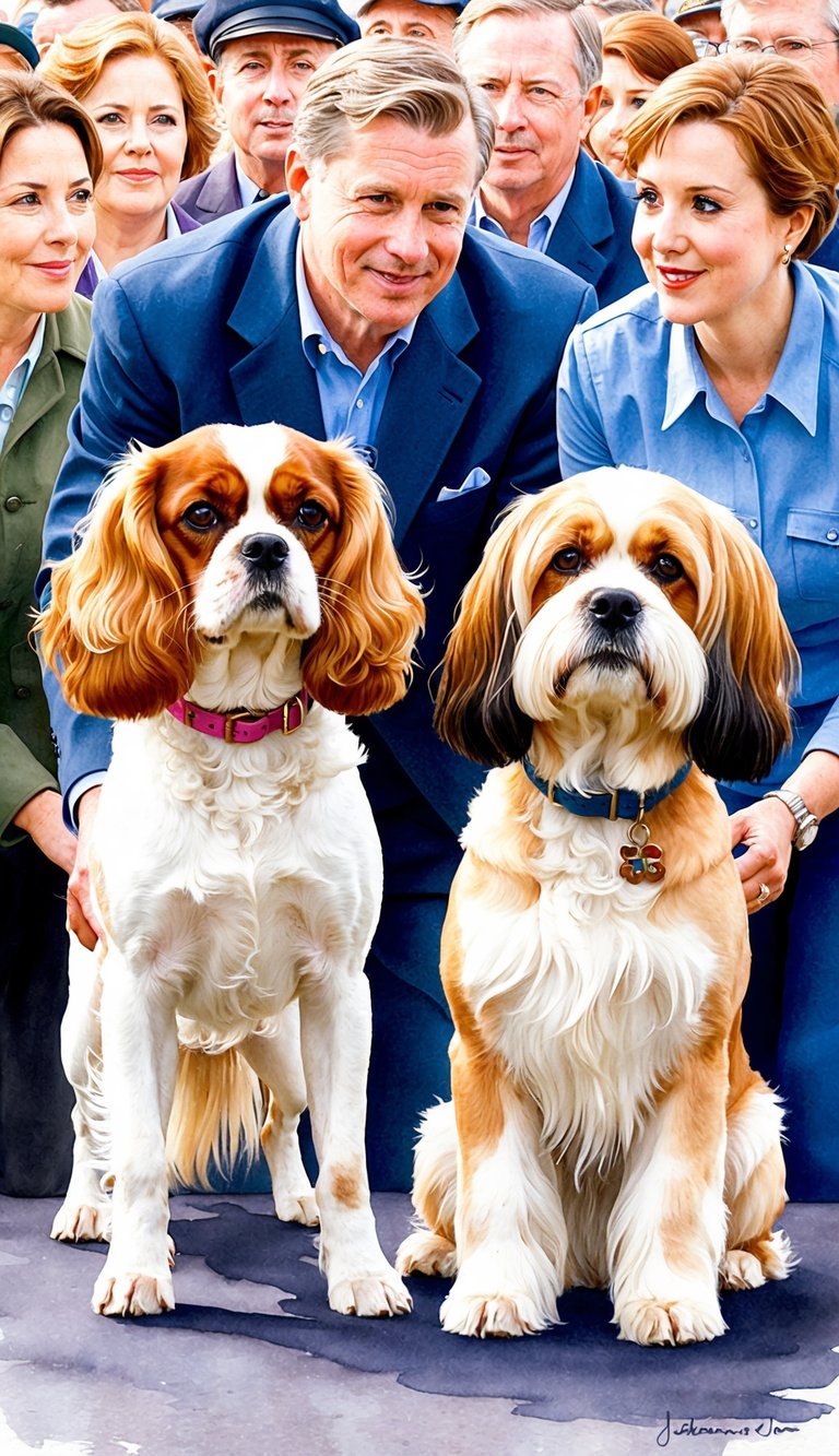 Two dogs, a Cavalier King Charles Spaniel and a Lhasa Apso, standing side by side, with a crowd of people surrounding them, looking at them with interest