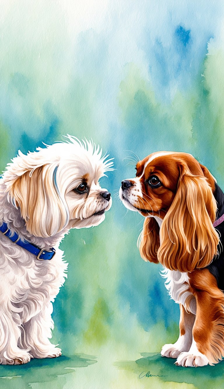 Two small dogs face off, one a fluffy Maltese and the other a regal Cavalier King Charles Spaniel. Their tails are raised and their eyes locked in a playful yet determined manner