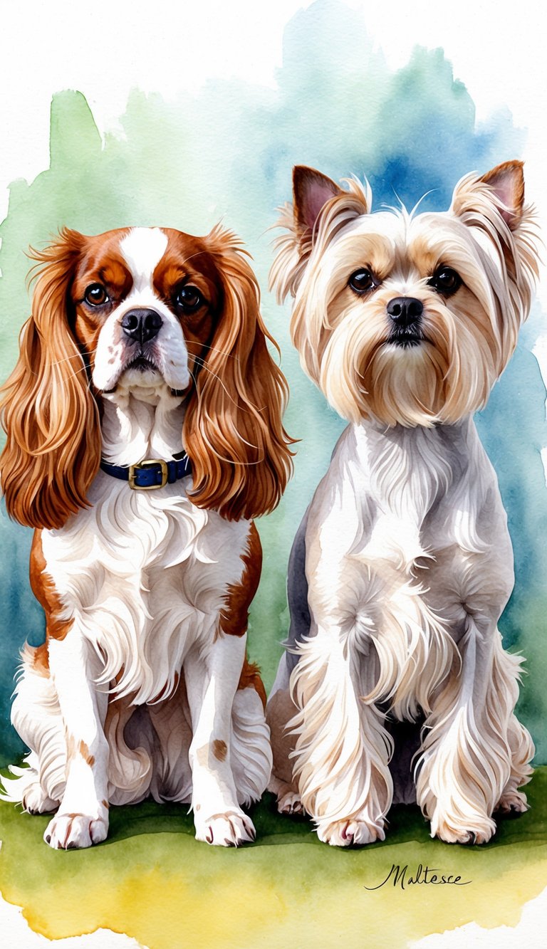A Cavalier King Charles Spaniel and a Maltese stand side by side, showcasing their distinct physical differences in size, coat color, and facial features