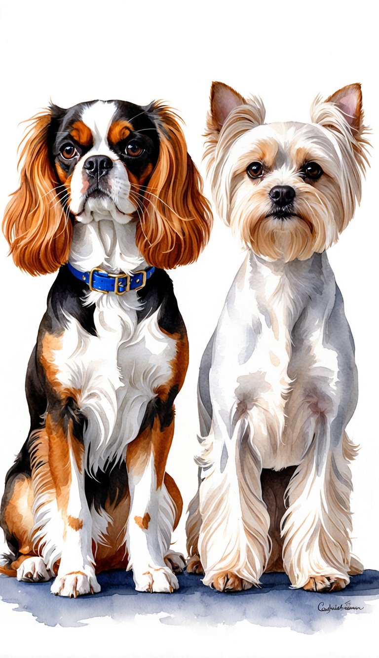 A Cavalier King Charles Spaniel and a Maltese stand side by side, each displaying their unique temperament and personality traits through their body language and facial expressions