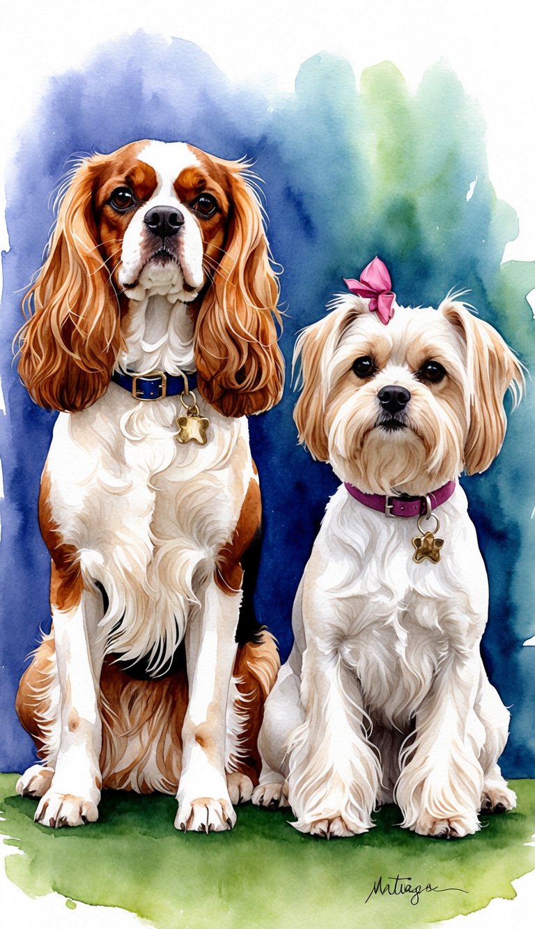 A Cavalier King Charles Spaniel and a Maltese sit side by side, showcasing their intelligence and trainability through obedient behavior