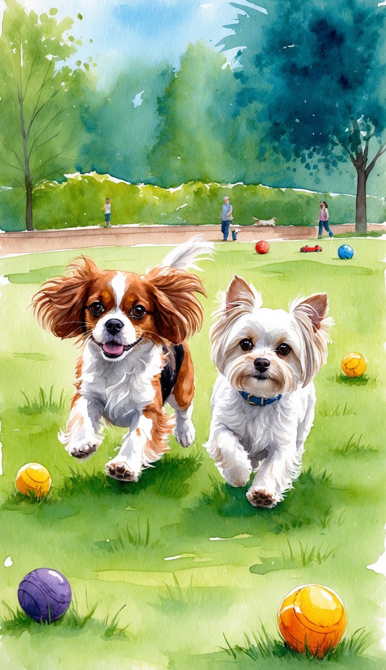 Two small dogs, a Cavalier King Charles Spaniel and a Maltese, playing and running in a grassy park with toys scattered around