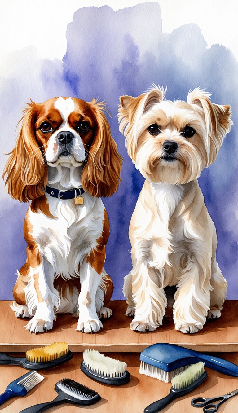 Two small dogs being groomed side by side, one a Cavalier King Charles Spaniel and the other a Maltese, with brushes and grooming tools scattered around them