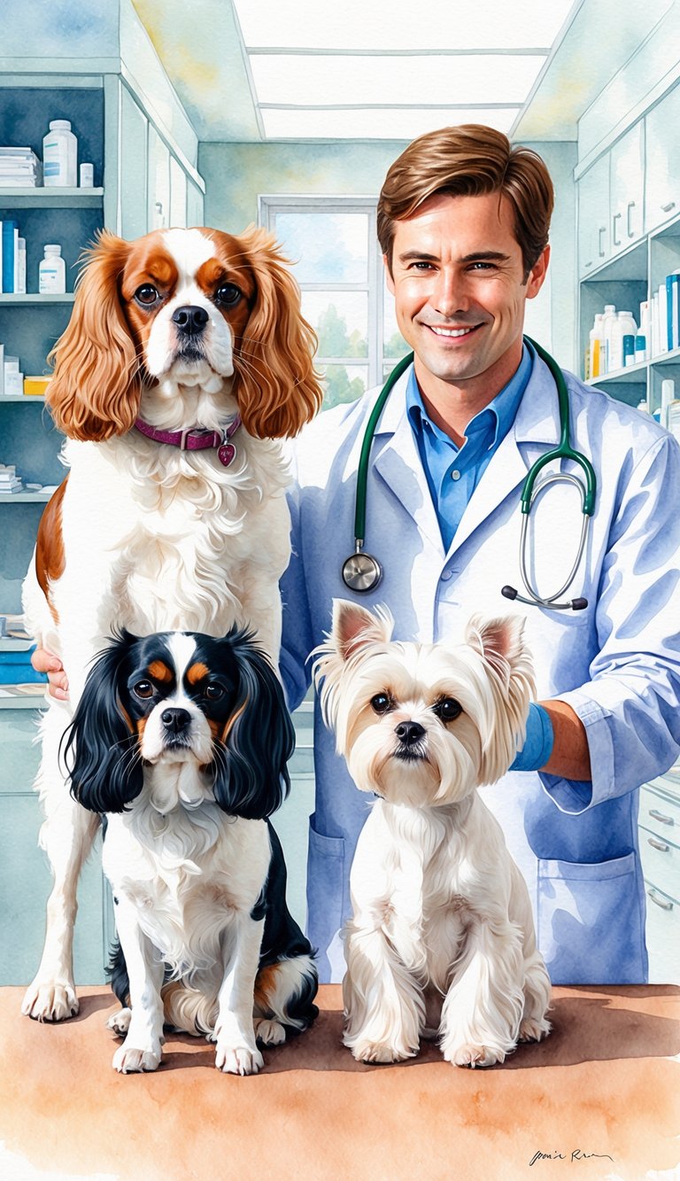 Two dogs, one Cavalier King Charles Spaniel and one Maltese, standing side by side with a veterinarian in a clinic, comparing health and lifespan